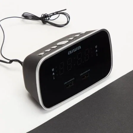 Aiwa CRU-19 Despertador Radio Reloj Negro con 2 Puertos USB Carga 5V 2.4A